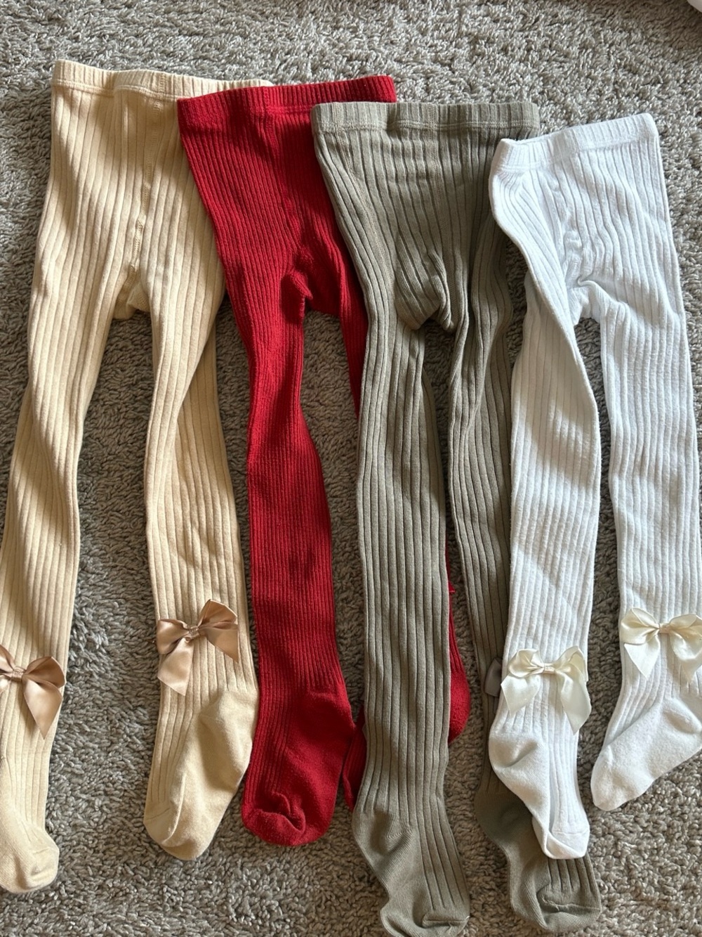 Kids Ribbed Tights with Bow Accent - Red, Ivory, Beige, Olive - 4 Pairs